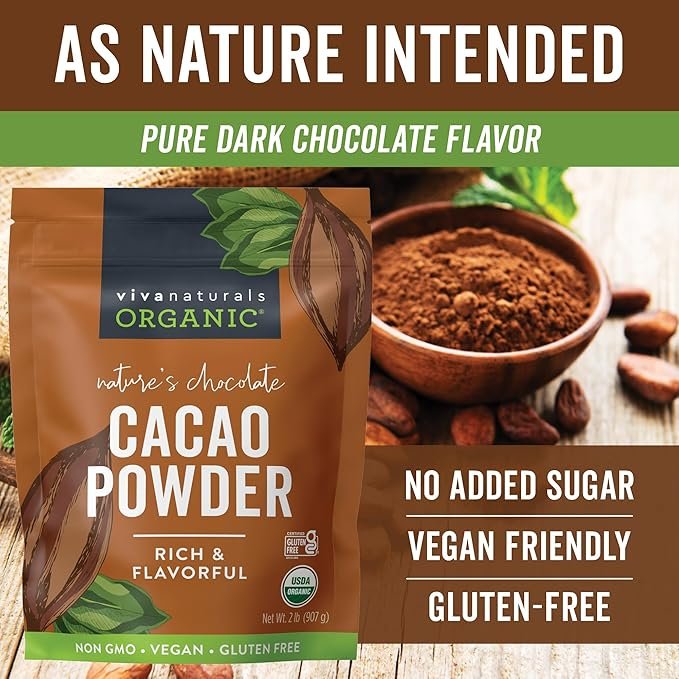 5 Viva Naturals Organic Cacao Powder, 2lb - Unsweetened Cocoa Powder With Rich Dark Chocolate Flavor, Perfect for Baking & Smoothies - Certified Vegan, Keto & Paleo, Non-GMO & Gluten-Free, 907 g