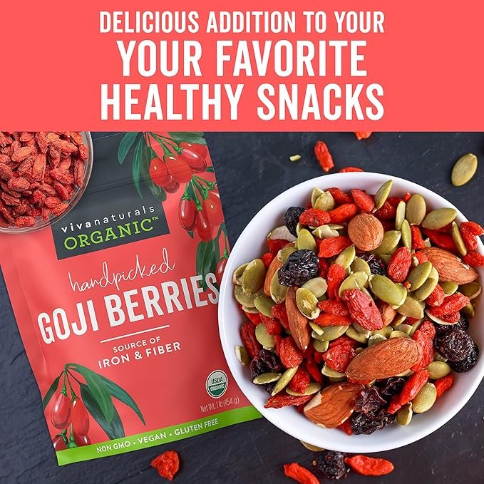 2 Viva Naturals Organic Dried Goji Berries, 16 oz (1 lb) Non-GMO and Vegan Wolfberries, Perfect for Baking, Smoothies, Teas and Snacks, Goji Berries Organic