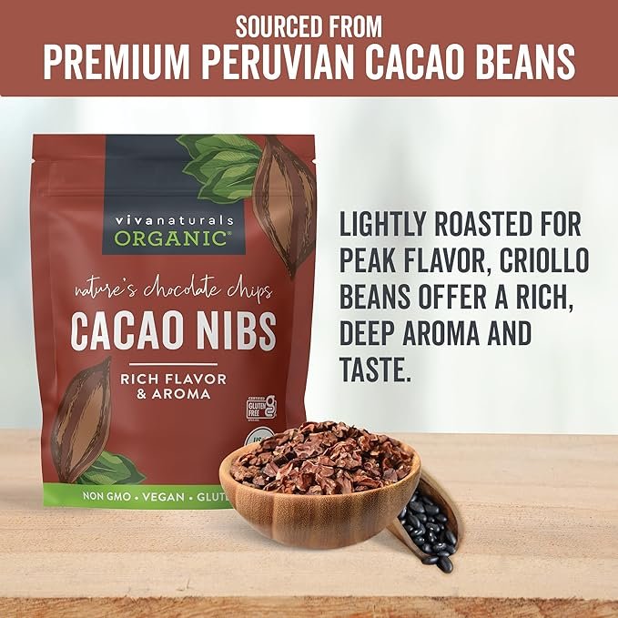 2 Viva Naturals Organic Cacao Nibs, 2 Lb - Certified Keto and Vegan Superfood, Perfect for Gluten Free Baking and Smoothie Topper, Premium Criollo Beans, Non-GMO
