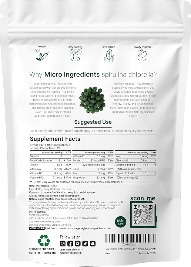 1 Organic Chlorella Spirulina Tablets, 3000mg Per Serving, 720 Counts, 4 Months Supply, 50/50 Blend Superfood, No Filler, No Additives, Cracked Cell Wall, Rich in Vegan Protein & Chlorophyll