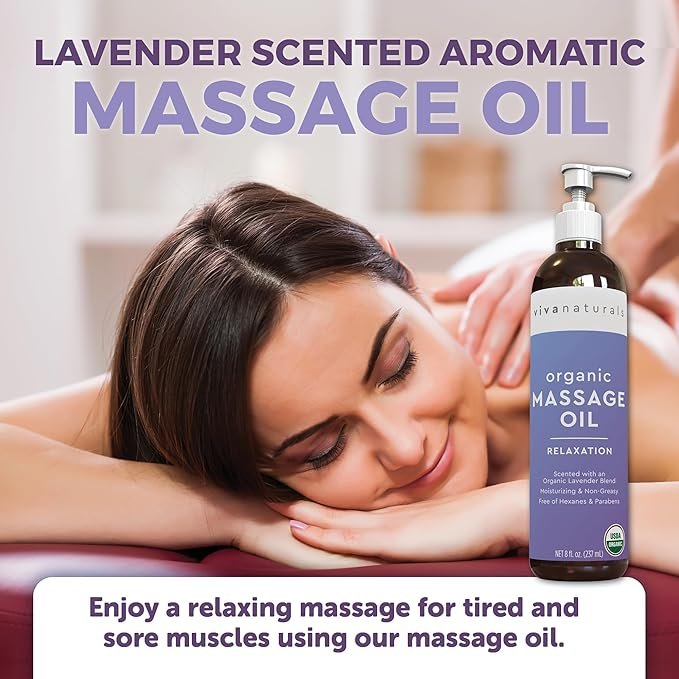 2 Viva Naturals Organic Massage Oil (8 fl. oz.) - Lavender Scented Relaxing Body Massage Oil for Massage Therapy - Perfect for Home Use & Professional Massages - Non-Greasy and Non-Sticky Formula