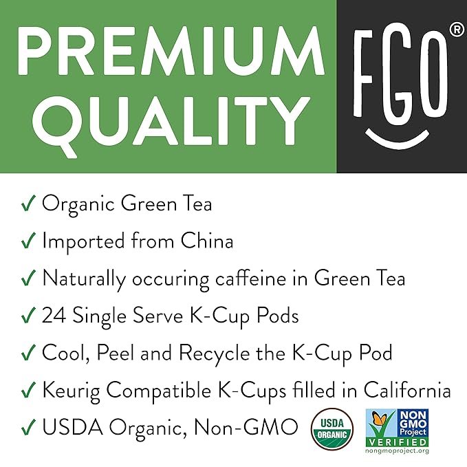 1 Organic Green Tea K-Cup Pods, 24 Pods by FGO - Keurig Compatible - Naturally Occurring Caffeine, Premium Green Tea is USDA Organic, Non-GMO, & Recyclable