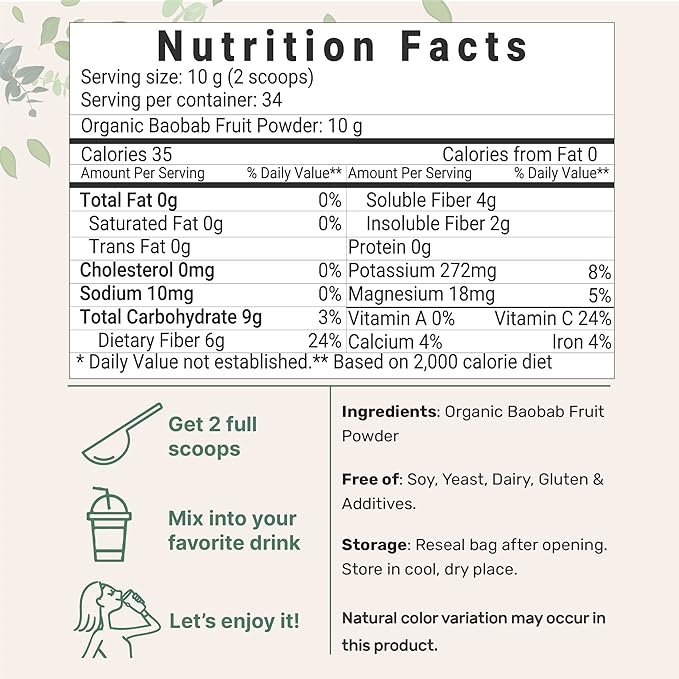 1 Organic Baobab Powder, 12 Ounce, Rich in Immune Vitamin C, Natural Antioxidant, Flavonoids and Fatty Acid, Enhance Energy and Immune System, South Africa Origin, Non-GMO and Vegan Friendly