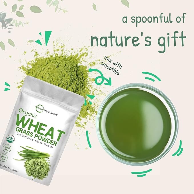 5 Micro Ingredients Sustainably US Grown, Organic Wheat Grass Powder (100% Whole-Leaf), 16 Ounce, Rich in Immune Vitamins, Fibers and Minerals, Support Digestion Function, Vegan Friendly