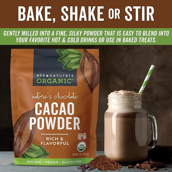 3 Viva Naturals Organic Cacao Powder, 2lb - Unsweetened Cocoa Powder With Rich Dark Chocolate Flavor, Perfect for Baking & Smoothies - Certified Vegan, Keto & Paleo, Non-GMO & Gluten-Free, 907 g