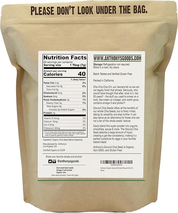 2 Anthony's Organic Ground Chia Seed, 1 lb, Finely Ground, Cold Milled, Gluten Free, Non GMO