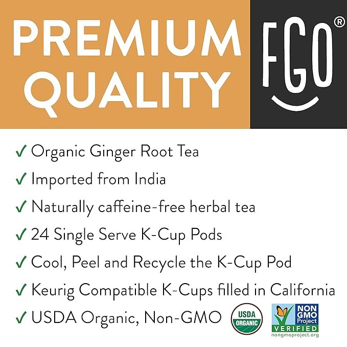 1 Organic Ginger Tea K-Cup Pods, 24 Pods by FGO - Keurig Compatible - Naturally Caffeine-Free Herbal Tea, Premium Ginger Tea is USDA Organic, Non-GMO, & Recyclable