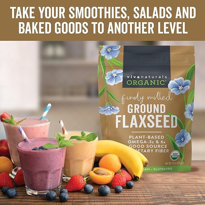 2 Viva Naturals Organic Ground Flaxseed - Premium Quality Plant-Based Protein and Vegan Omega 3 with Fiber, Perfect for Smoothies, Non-GMO and Gluten Free, 15 oz (425 g)