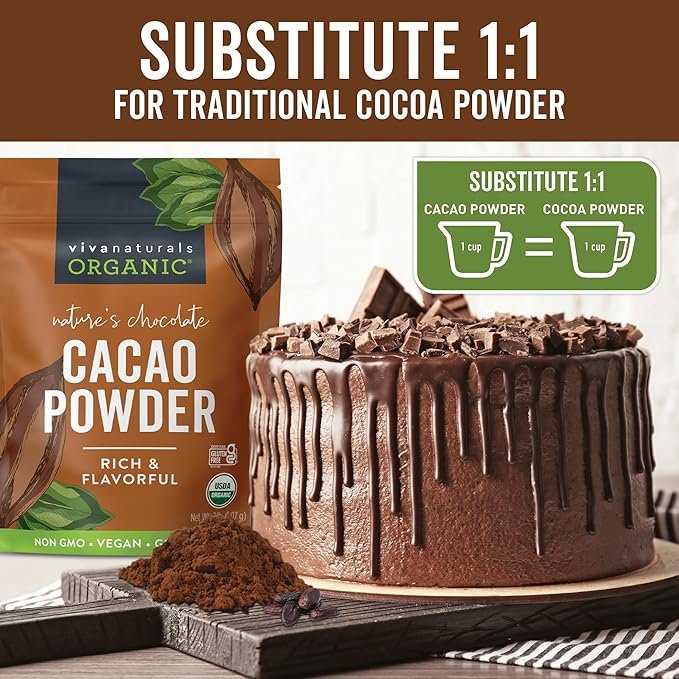 4 Viva Naturals Organic Cacao Powder, 2lb - Unsweetened Cocoa Powder With Rich Dark Chocolate Flavor, Perfect for Baking & Smoothies - Certified Vegan, Keto & Paleo, Non-GMO & Gluten-Free, 907 g