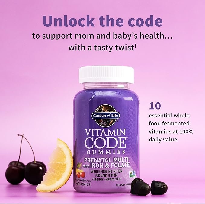 2 Garden of Life Prenatal Gummy Vitamins for Women with Iron:Folate,Biotin,D3&B12+Probiotics for Digestion,Vitamin Code Multivitamin,Non-GMO,Gluten-Free,90 Cherry Lemonade Gummies, 30 Day Supply