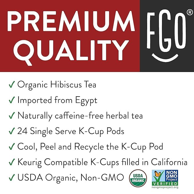 1 Organic Hibiscus Herbal Tea K-Cup Pods, 24 Pods by FGO - Keurig Compatible - Naturally Caffeine-Free Tea, Premium Green Tea is USDA Organic, Non-GMO, & Recyclable