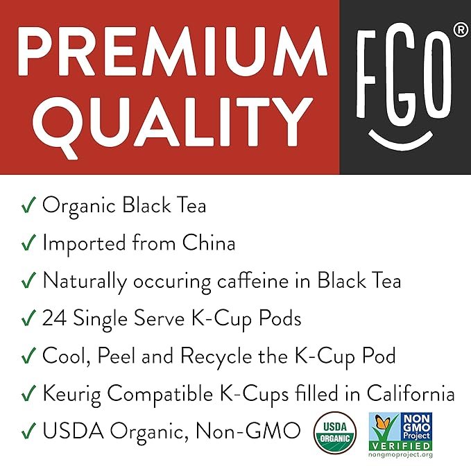 1 Organic Black Tea K-Cup Pods, 24 Pods by FGO - Keurig Compatible - Naturally Occurring Caffeine, Premium Black Tea is USDA Organic, Non-GMO, & Recyclable
