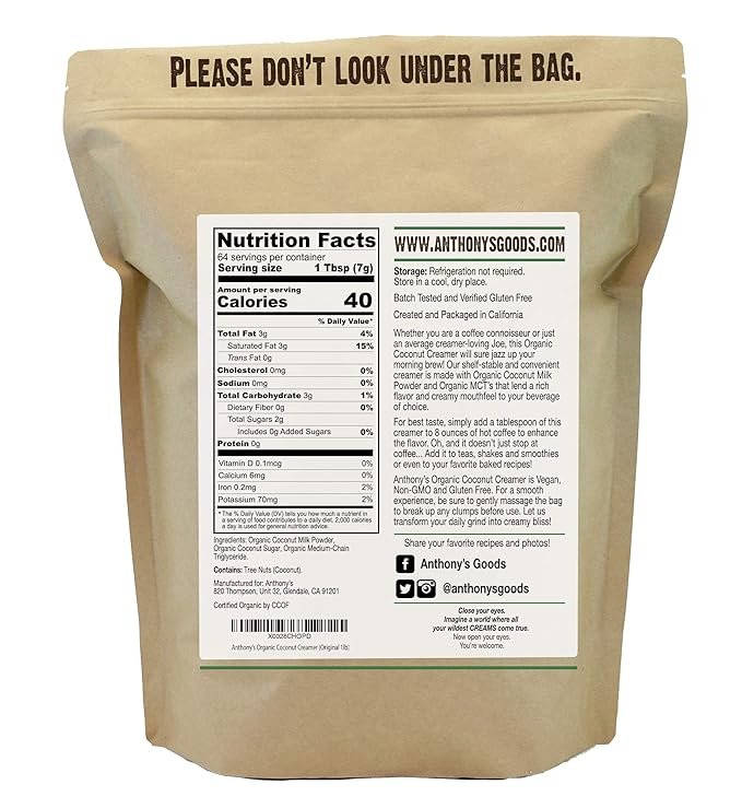 1 Anthony's Organic Coconut Creamer Pouch Original, 1 lb, Superfood,keto
