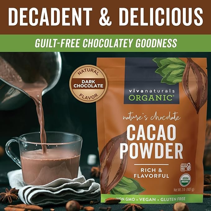 2 Viva Naturals Organic Cacao Powder, 2lb - Unsweetened Cocoa Powder With Rich Dark Chocolate Flavor, Perfect for Baking & Smoothies - Certified Vegan, Keto & Paleo, Non-GMO & Gluten-Free, 907 g