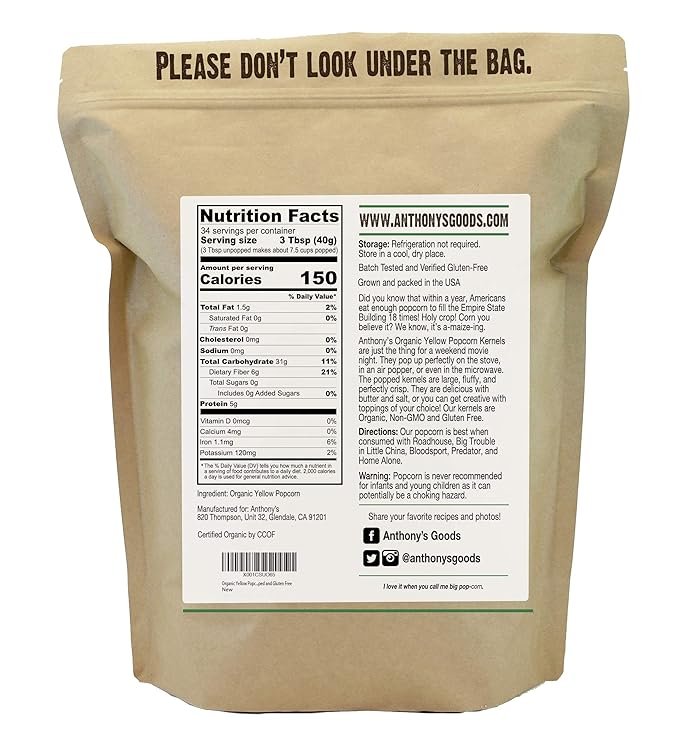 1 Anthony's Organic Yellow Popcorn Kernels, 3 lb, UnPopped, Gluten Free, Non GMO