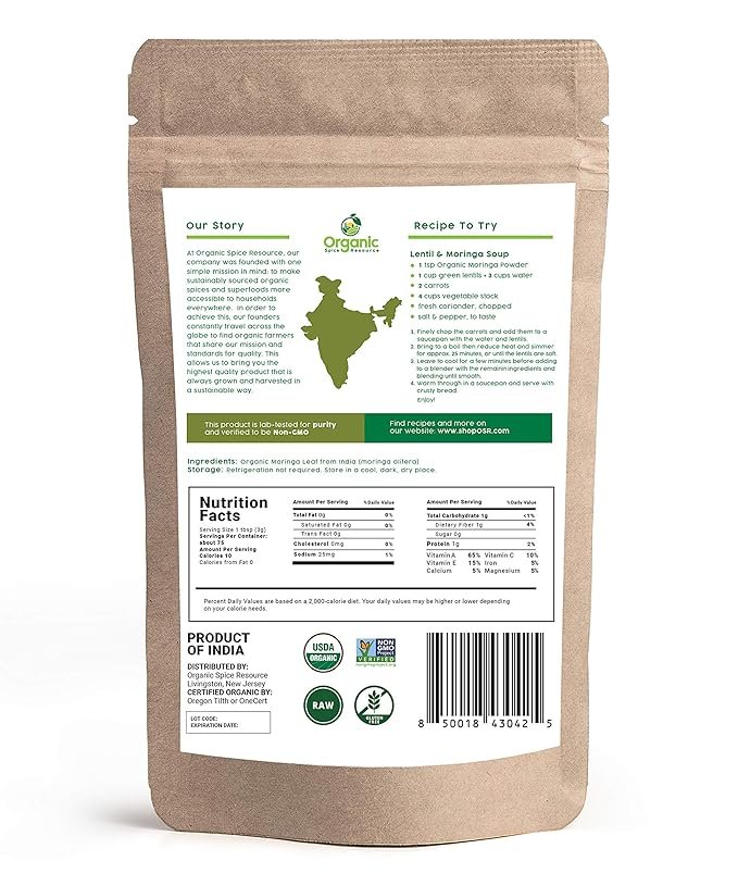 2 Organic Moringa Powder - 8 oz (226g) | USDA Organics, Non-GMO, Kosher, Halal, Moringa Olifera Powder - 100% Raw and Natural, by SHOPOSR