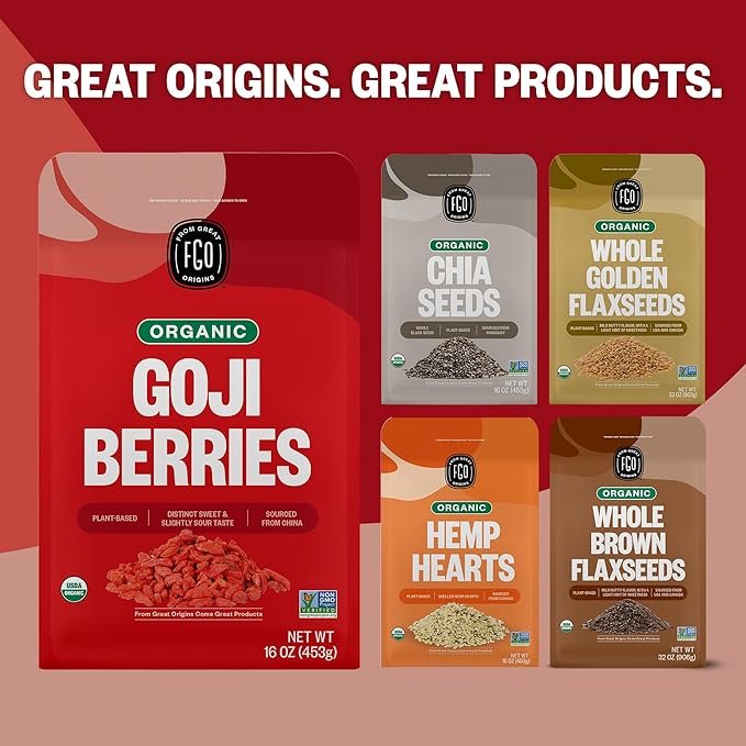 6 FGO Organic Goji Berries, Large & Chewy, from Ningxia, 16oz, Packaging May Vary (Pack of 1)