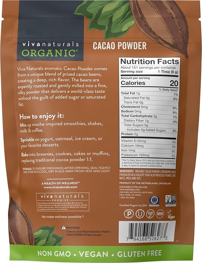 1 Viva Naturals Organic Cacao Powder, 2lb - Unsweetened Cocoa Powder With Rich Dark Chocolate Flavor, Perfect for Baking & Smoothies - Certified Vegan, Keto & Paleo, Non-GMO & Gluten-Free, 907 g