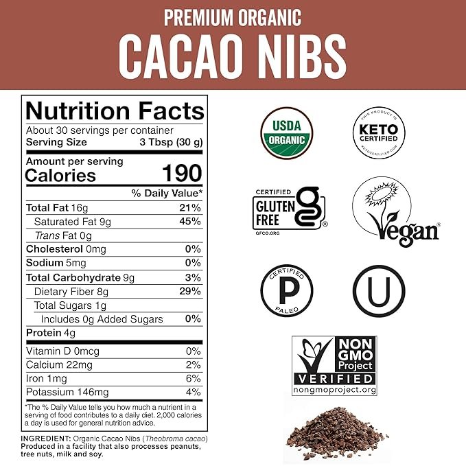 5 Viva Naturals Organic Cacao Nibs, 2 Lb - Certified Keto and Vegan Superfood, Perfect for Gluten Free Baking and Smoothie Topper, Premium Criollo Beans, Non-GMO