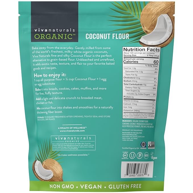2 Viva Naturals Organic Coconut Flour (4 lbs) - Gluten Free Flour Substitute for Keto, Paleo and Vegan Baking, Low Fat and Fiber-Rich Coconut Baking Flour, Non-GMO, Unbleached and Unrefined, 1.81 kg