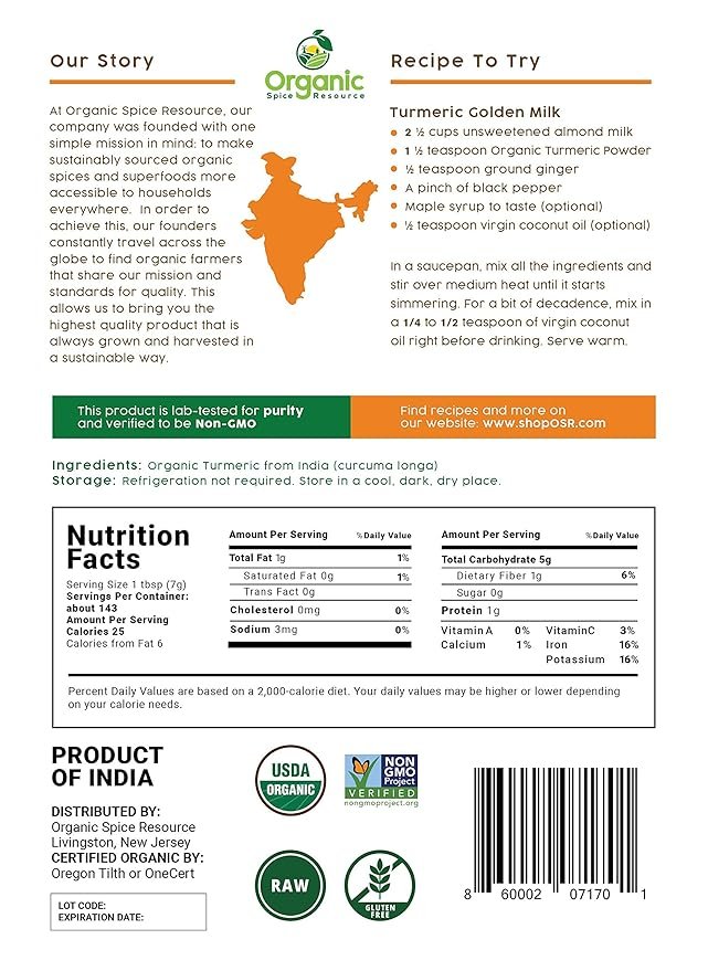 1 Organic Turmeric Powder w/Curcumin | 35.27 Ounce / 2.2 LBS | USDA Organics and Non-GMO | Lab Tested for Heavy Metal and Purity | 100% Raw and Natural by OSR