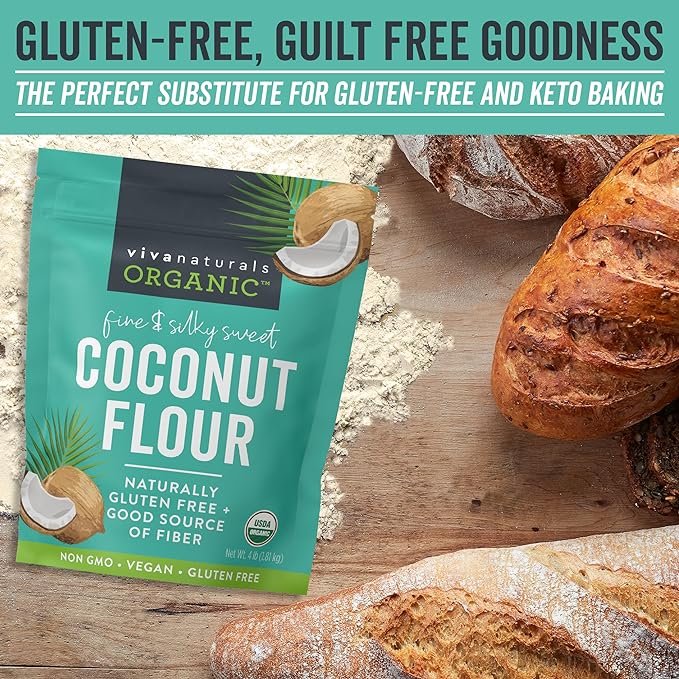4 Viva Naturals Organic Coconut Flour (4 lbs) - Gluten Free Flour Substitute for Keto, Paleo and Vegan Baking, Low Fat and Fiber-Rich Coconut Baking Flour, Non-GMO, Unbleached and Unrefined, 1.81 kg