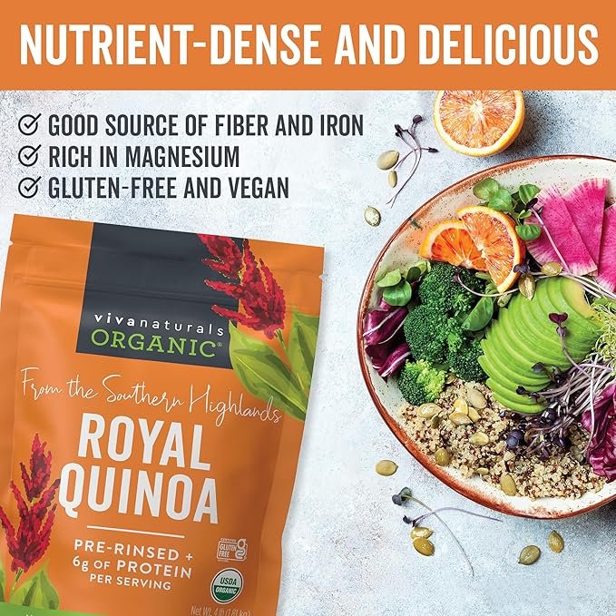 6 Viva Naturals Organic Quinoa, 4 lb - Plant Based Protein, Fiber and Iron - Pre-Washed Whole Grain Rice and Pasta Substitute for Quinoa Salad - USDA Organic, Gluten Free, Vegan, Non-GMO and Kosher
