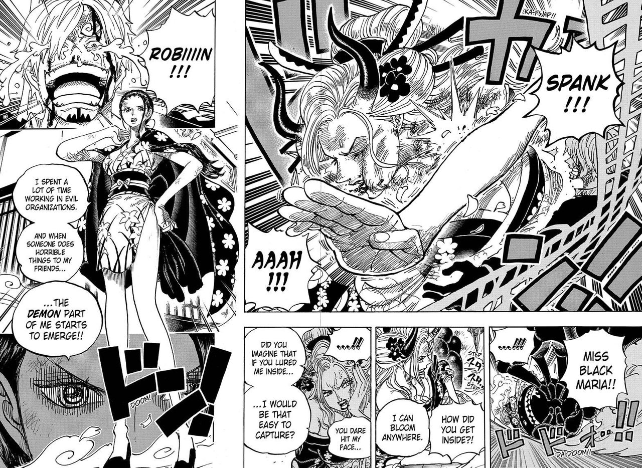 Rachel-Desu on X: After Robin's attack, the lackeys get a look at Black  Maria's defeat and are stunned by Demonio's form. No one saw Zoro's Asura  aside from Kaku, but Franky *did*