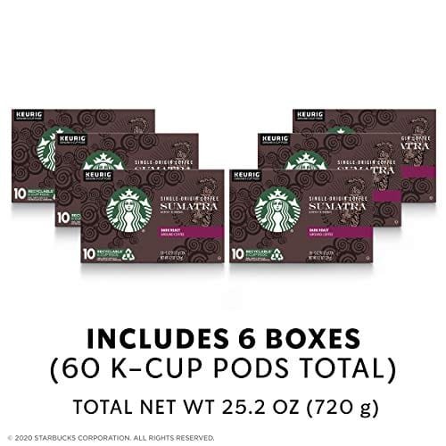 6 Starbucks Coffee Pods–Dark Roast–Sumatra for Keurig Brewers–100% Arabica–6 boxes (60 pods total)