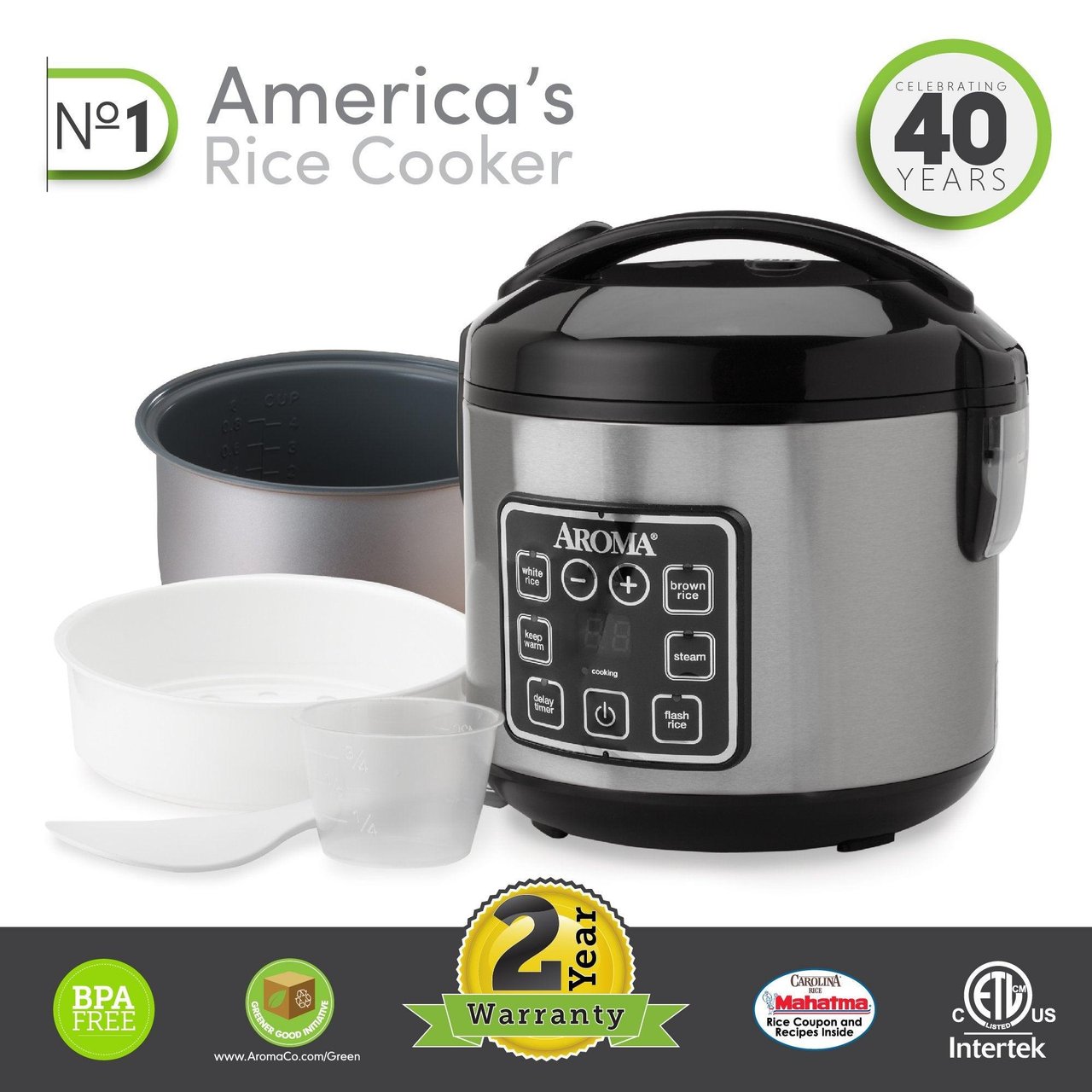 2 AROMA Digital Rice Cooker, 4-Cup (Uncooked) / 8-Cup (Cooked), Steamer, Grain Cooker, Multicooker, 2 Qt, Stainless Steel Exterior, ARC-914SBD