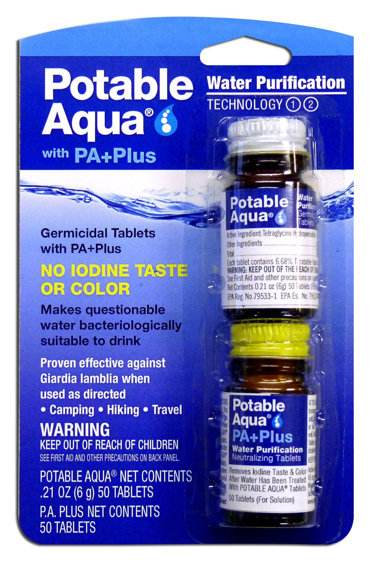 4 Potable Aqua PA Plus Water Purification Tablets - Dual 50ct Bottles - Reliable Water Purification Solution for Outdoor Activities, Emergencies and Global Exploration