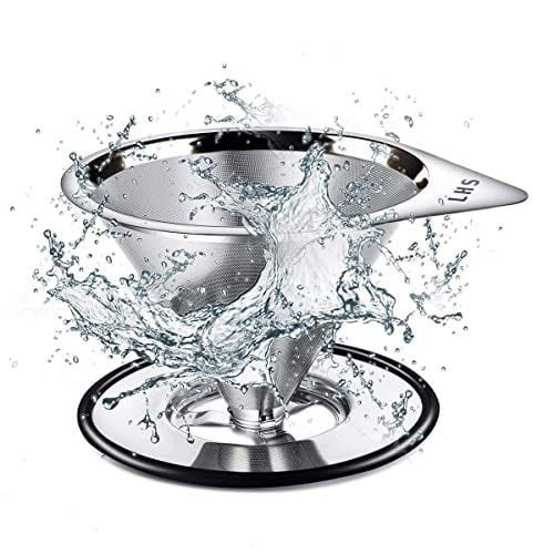 4 Stainless Steel Coffee Dripper by LHS - Single Cup Reusable Coffee Maker with Non-slip Stand and Cleaning Brush