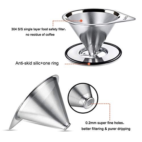 6 Stainless Steel Coffee Dripper by LHS - Single Cup Reusable Coffee Maker with Non-slip Stand and Cleaning Brush