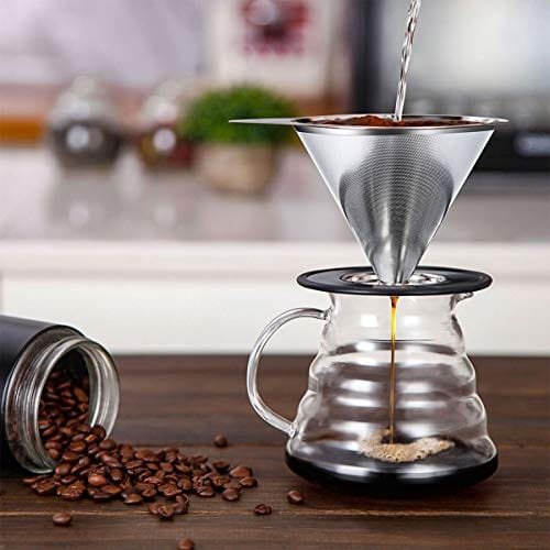 1 Stainless Steel Coffee Dripper by LHS - Single Cup Reusable Coffee Maker with Non-slip Stand and Cleaning Brush