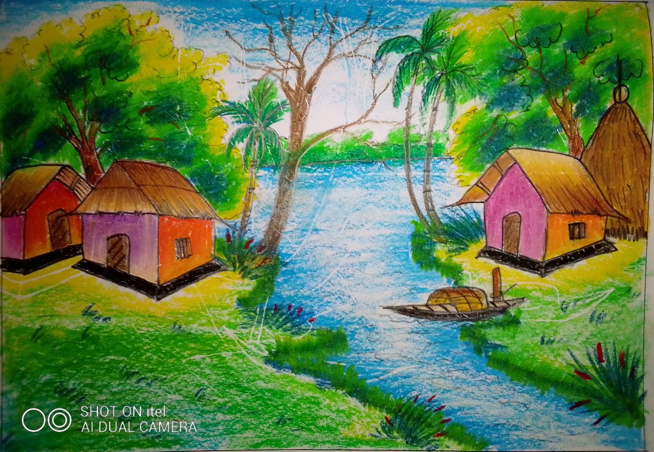 Learn How to Draw Village with Lake Sunset Scene Villages Step by Step   Drawing Tutorials