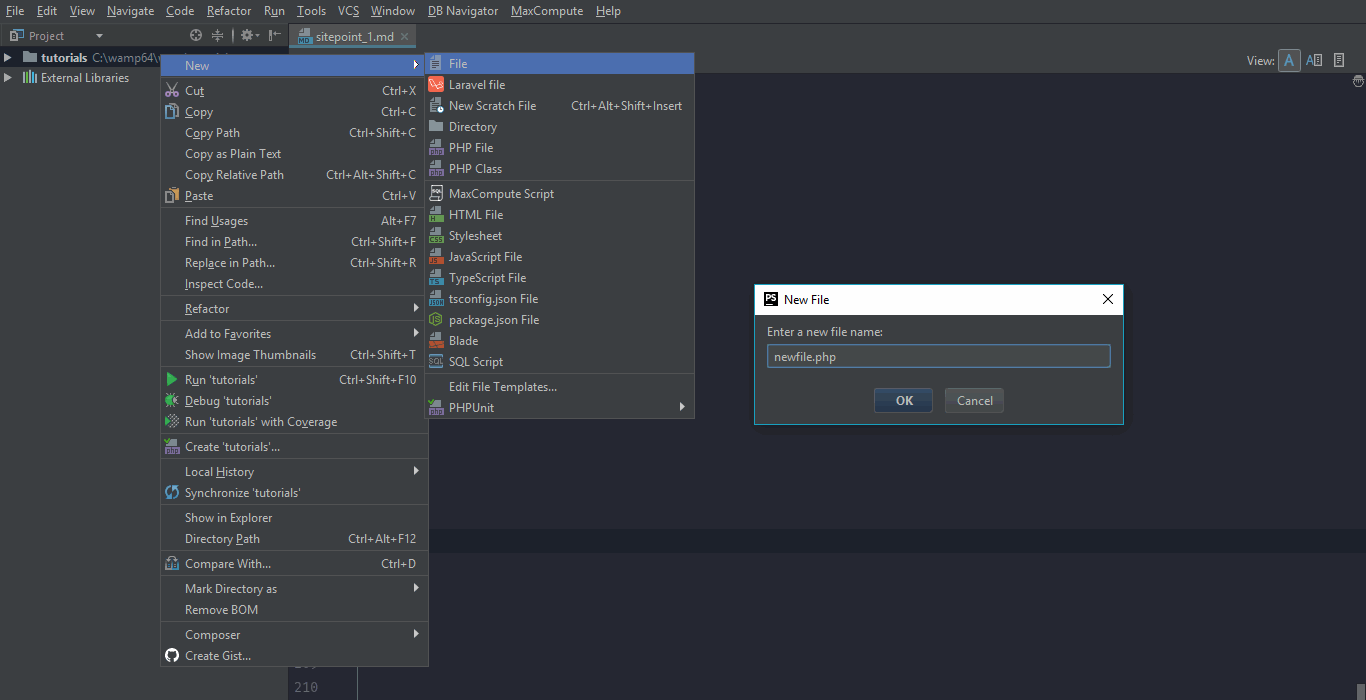 Creating new files in PhpStorm