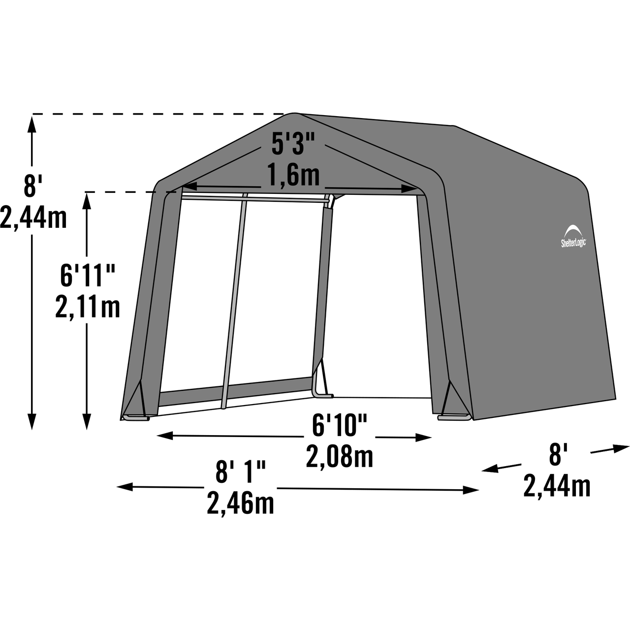 5 Shelter Logic Peak Style Storage Shed, 8' × 8' × 8', Gray