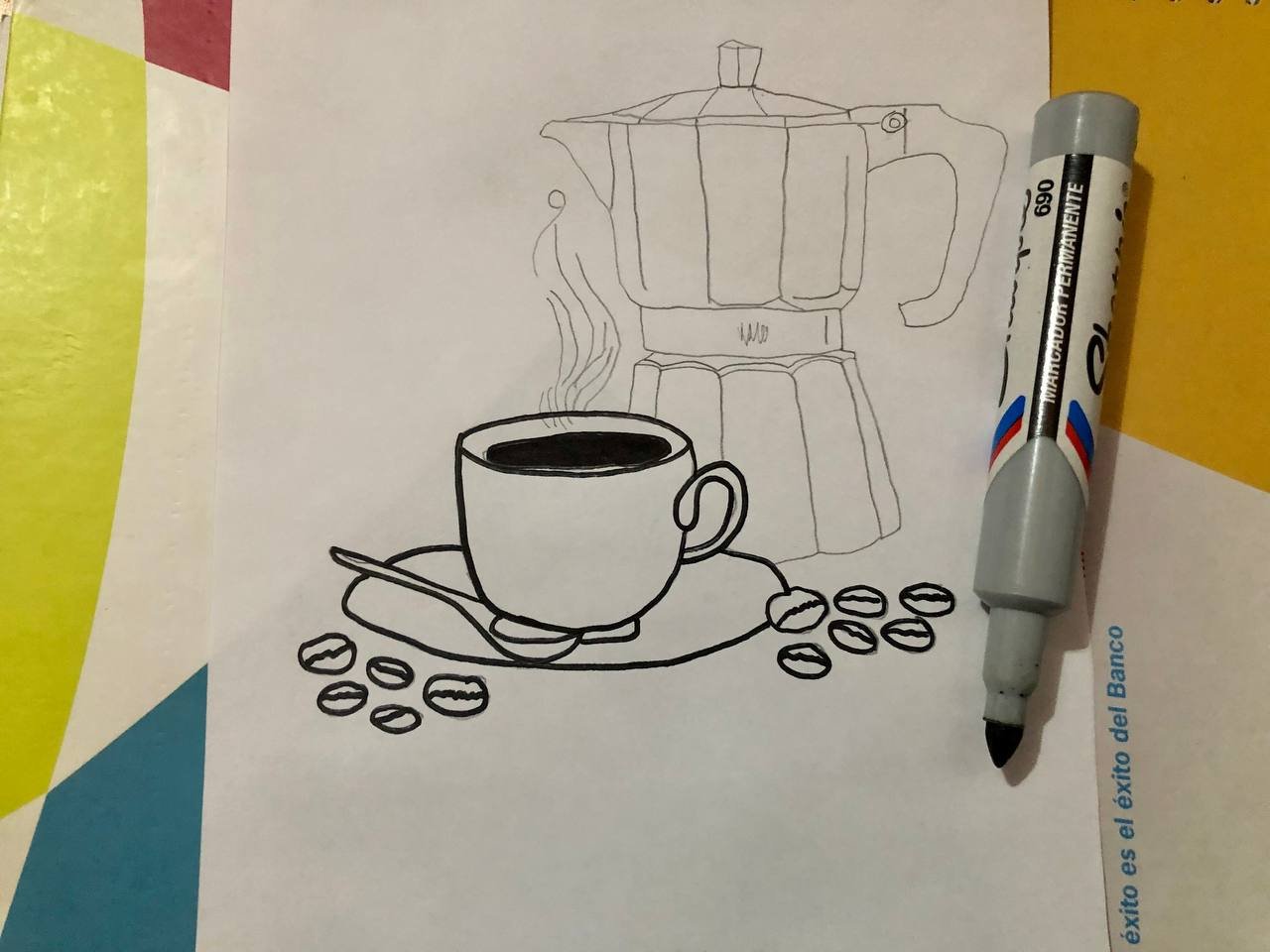 Eng- Esp ] Drawing of a cup of coffee and a coffee painted greca, Dibujo de  taza de café y greca pintada con café