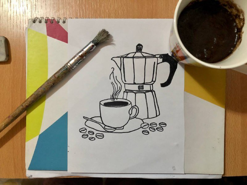 Eng- Esp ] Drawing of a cup of coffee and a coffee painted greca, Dibujo de  taza de café y greca pintada con café