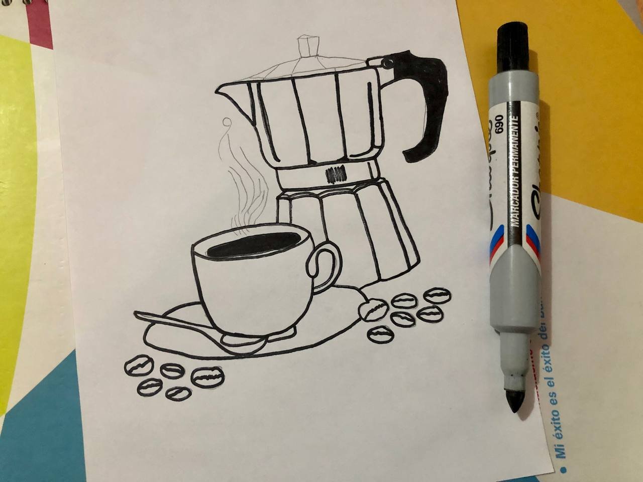 Eng- Esp ] Drawing of a cup of coffee and a coffee painted greca, Dibujo de  taza de café y greca pintada con café