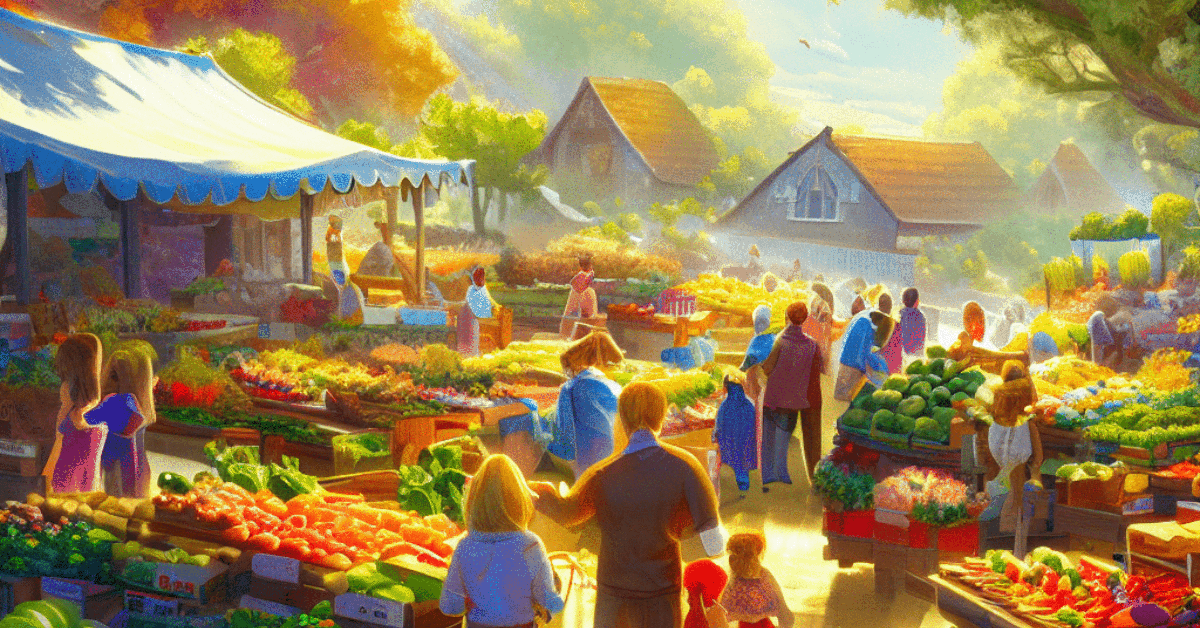 Create an illustration of a bustling farmer's market in the game, with colorful produce and h.gif