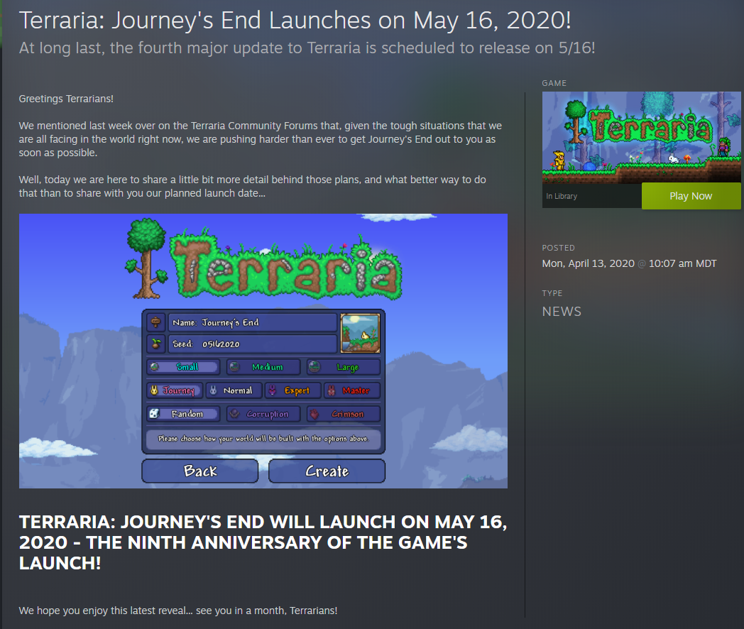 Terraria Keeps Getting Better, Journey's End Update is Now Live