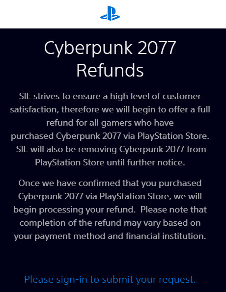 Sony has removed Cyberpunk 2077 from the PlayStation Store