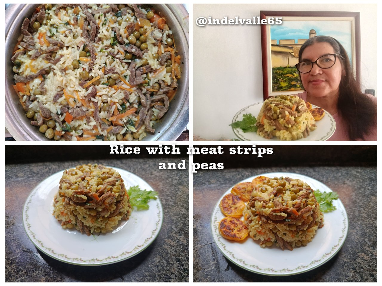 Delicious rice with beef strips and peas.[Esp-Eng]