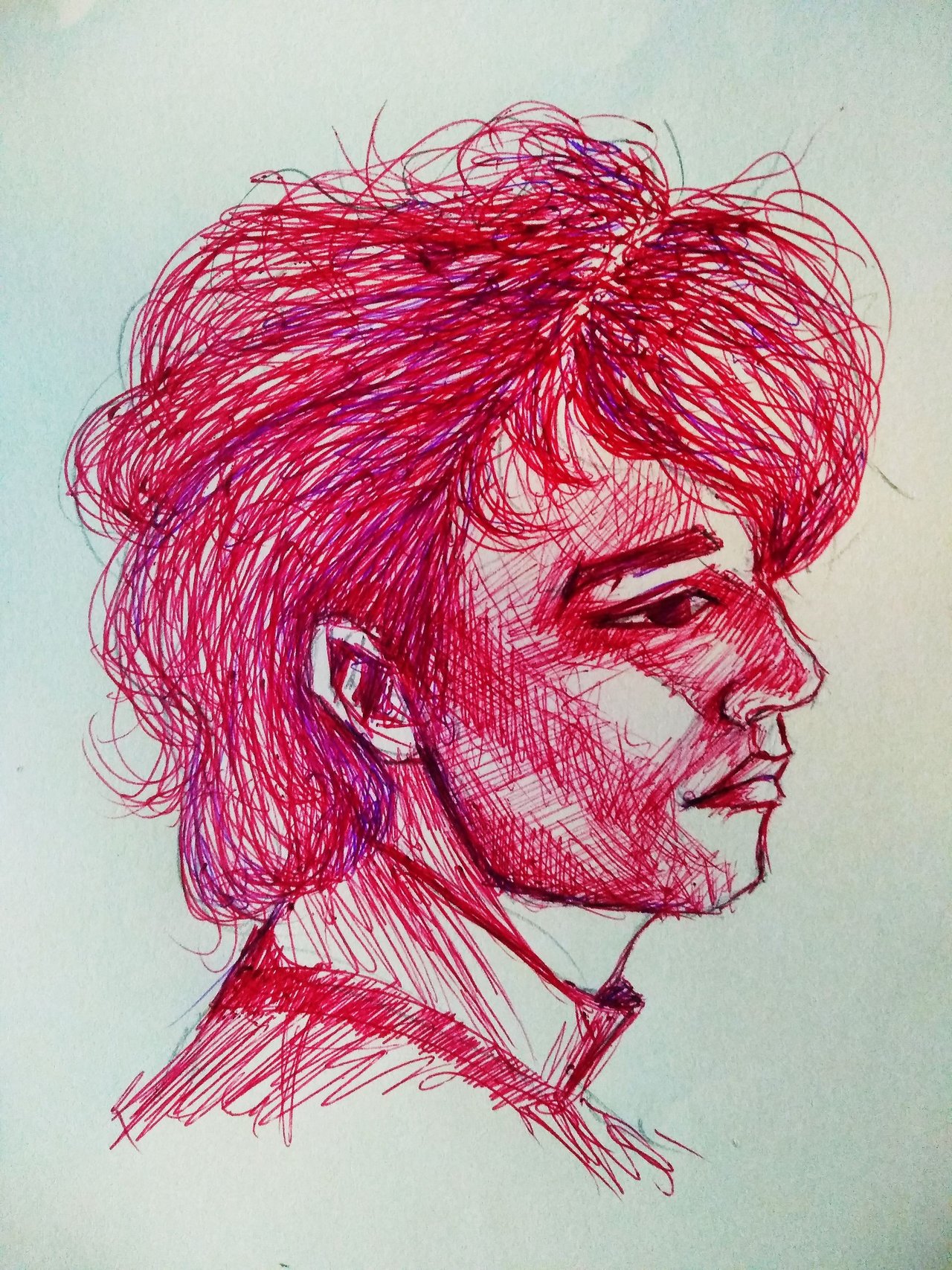 Male portrait drawing with red and blue ball point pen  PeakD