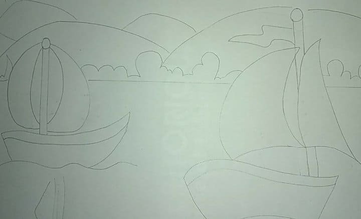 Hand drawing of boats in the Sea