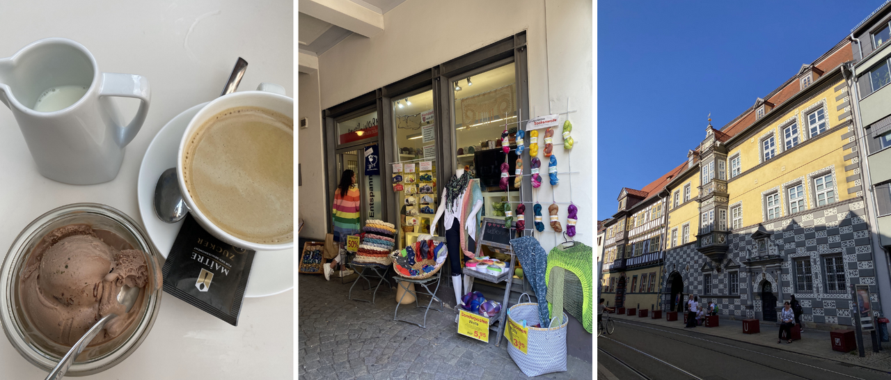 photos of icecream, a yarn shop and a beautiful historical facade