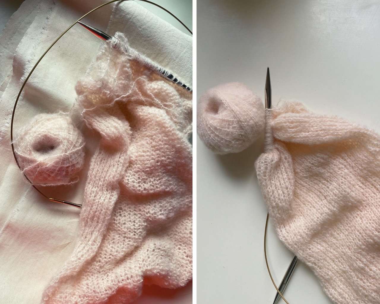 unfinished soft pink lace knitting