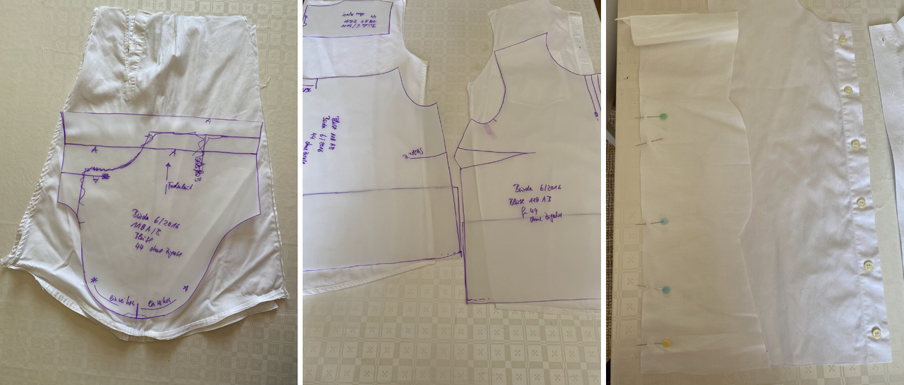 several cut out parts of farbic and paper pattern for sewing a blouse