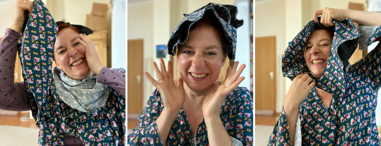 Simone making fun with the ripped Karlene blouse by wearing the oka as a hat or hairband